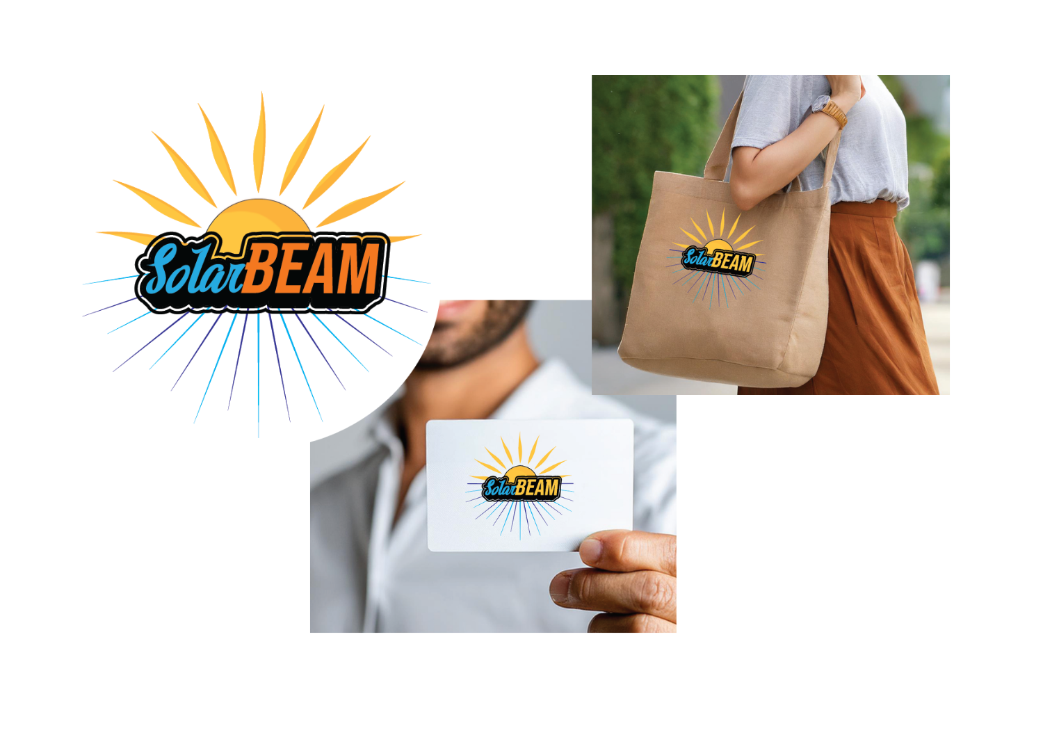 SolarBeam logo with custom text, laser, and sun details. Featured on business cards and bags.