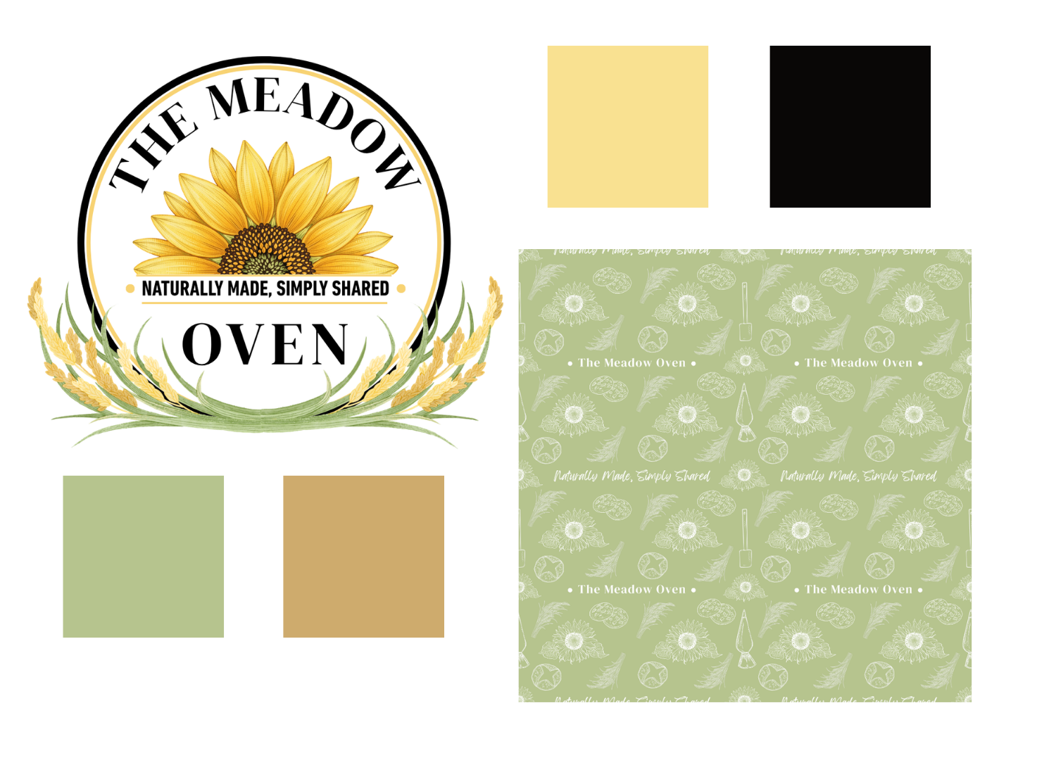 A logo for The Meadow Oven featuring a sunflower with wheat accents, with the slogan "Naturally Made, Simply Shared." The background has a green pattern with kitchen utensils and vegetables.