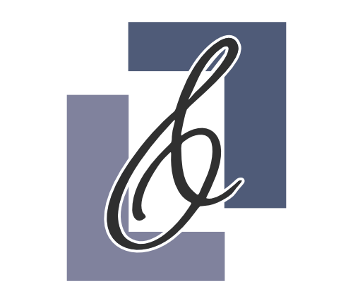 Stylized black letter 'L' on graphic background with overlapping shapes and shades of gray and blue.