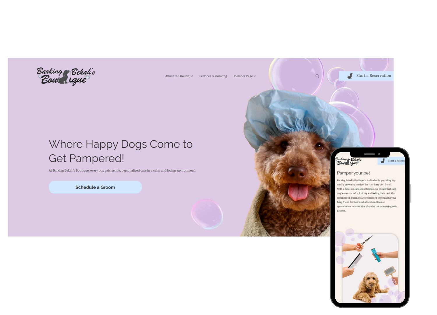 Barking Bekah's Boutique's wix website featuring her dog grooming services and member area for booking
