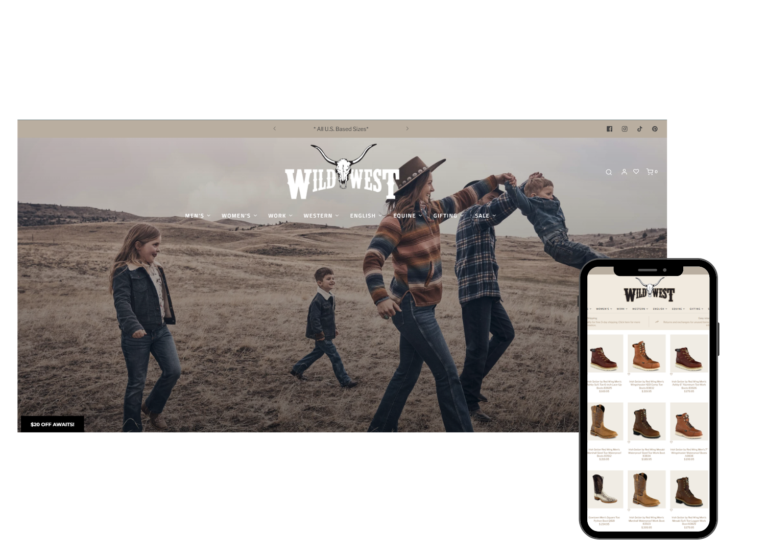 Wild West Boot Store's website with neutral country design and over 20,000 products