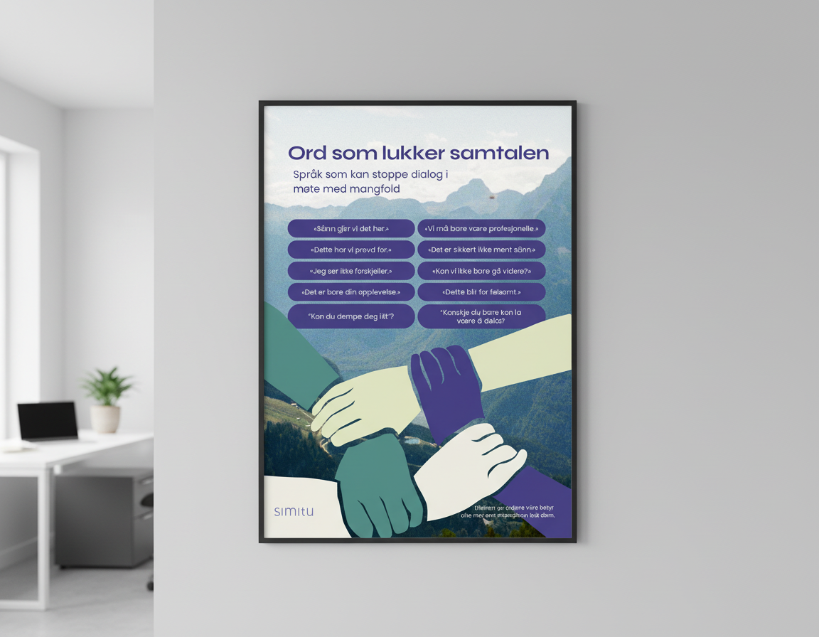 Informasjon om ord som stopper dialog, med illustration av fire hender som holder hverandre, mot fjelllandskap