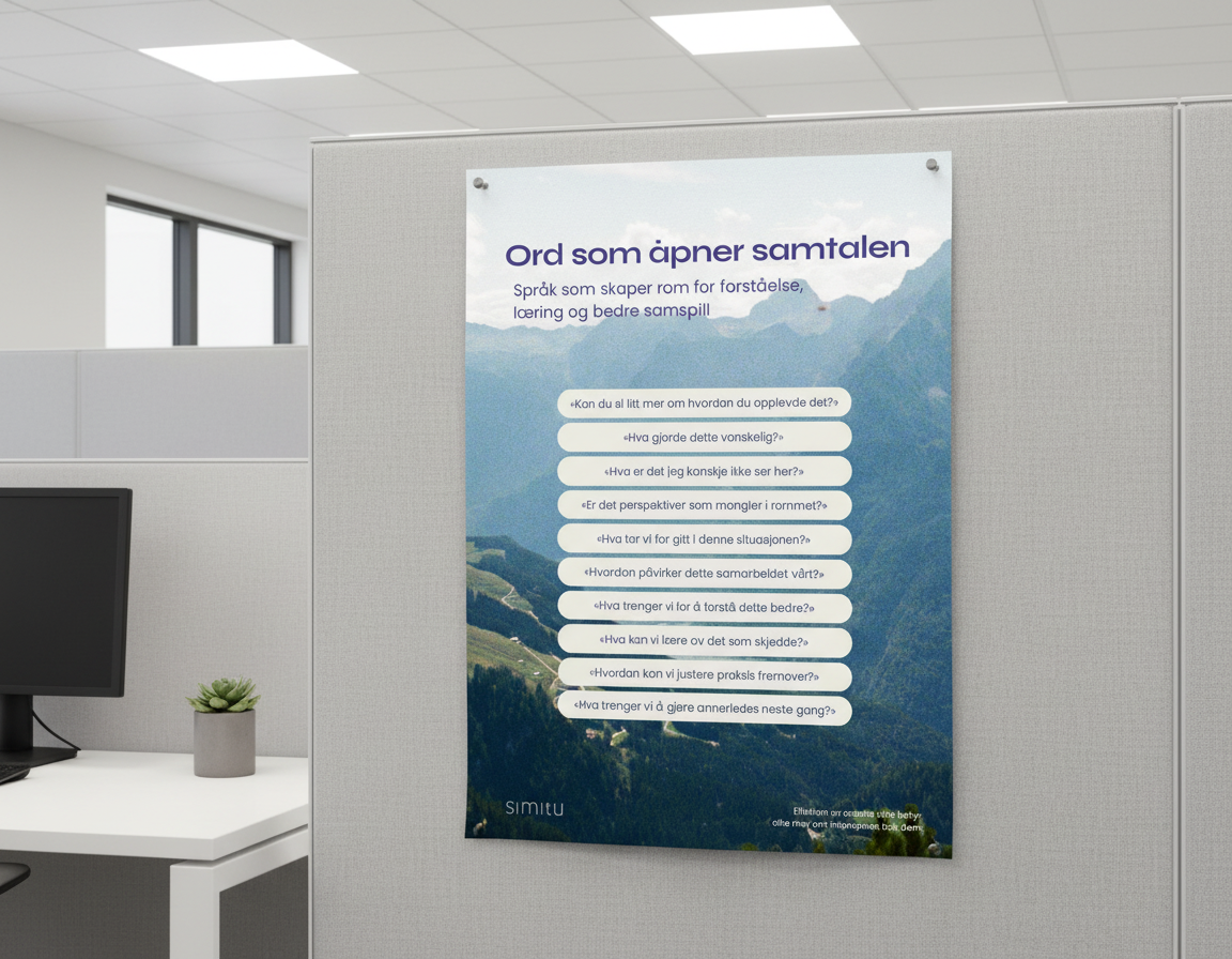 Informasjonsplakat med fjellandskap og norsk tekst om kommunikasjon og forståelse.