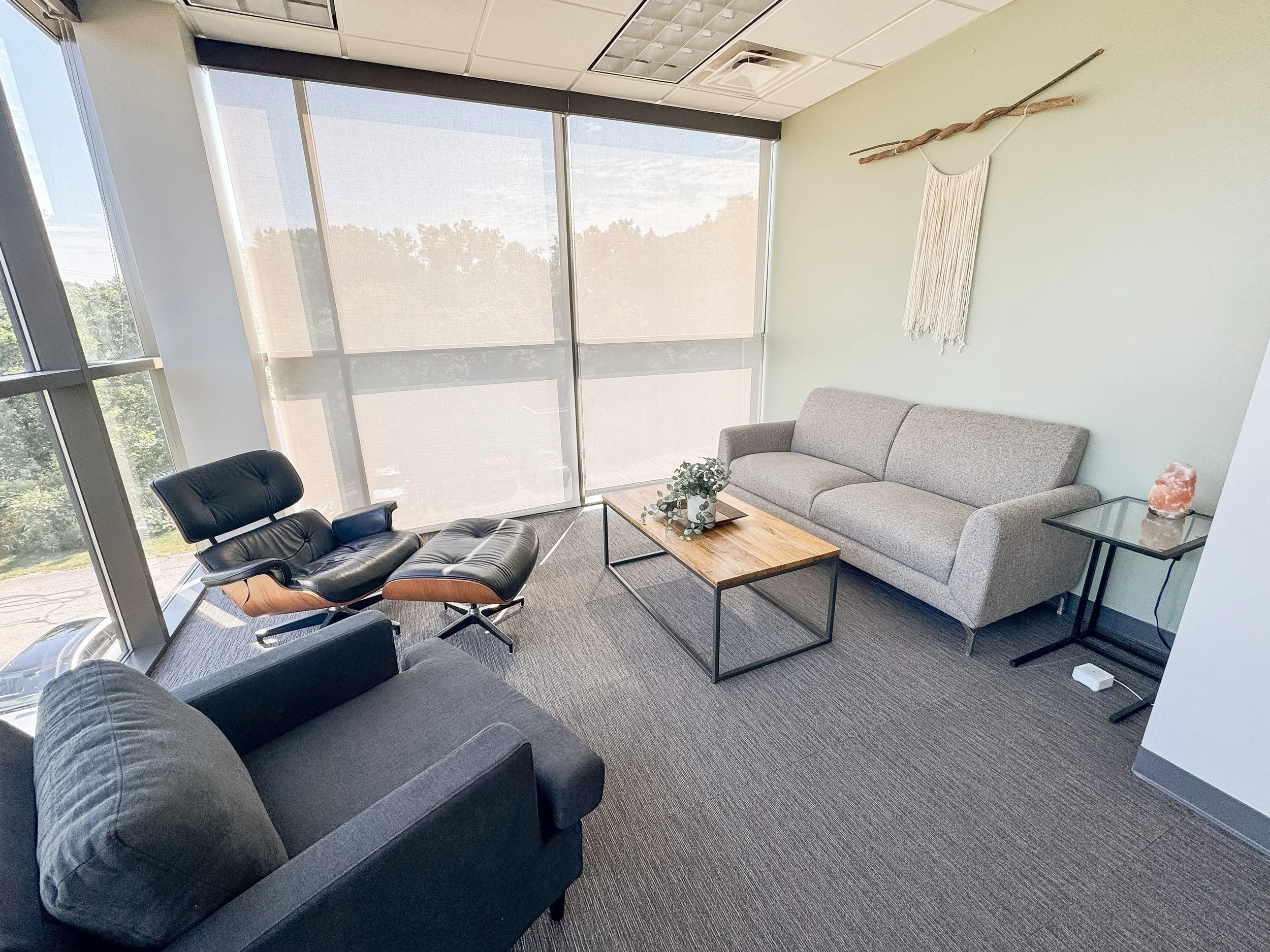 An office with a black armchair, a gray sofa, a wooden coffee table with a plant, and a side table with a salt lamp. Large windows with blinds and a wall hanging art piece. Safe for therapy