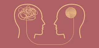 Illustration of two human heads facing each other, one with a tangled line representing a confused mind and the other with a solid circle symbolizing a focused mind.