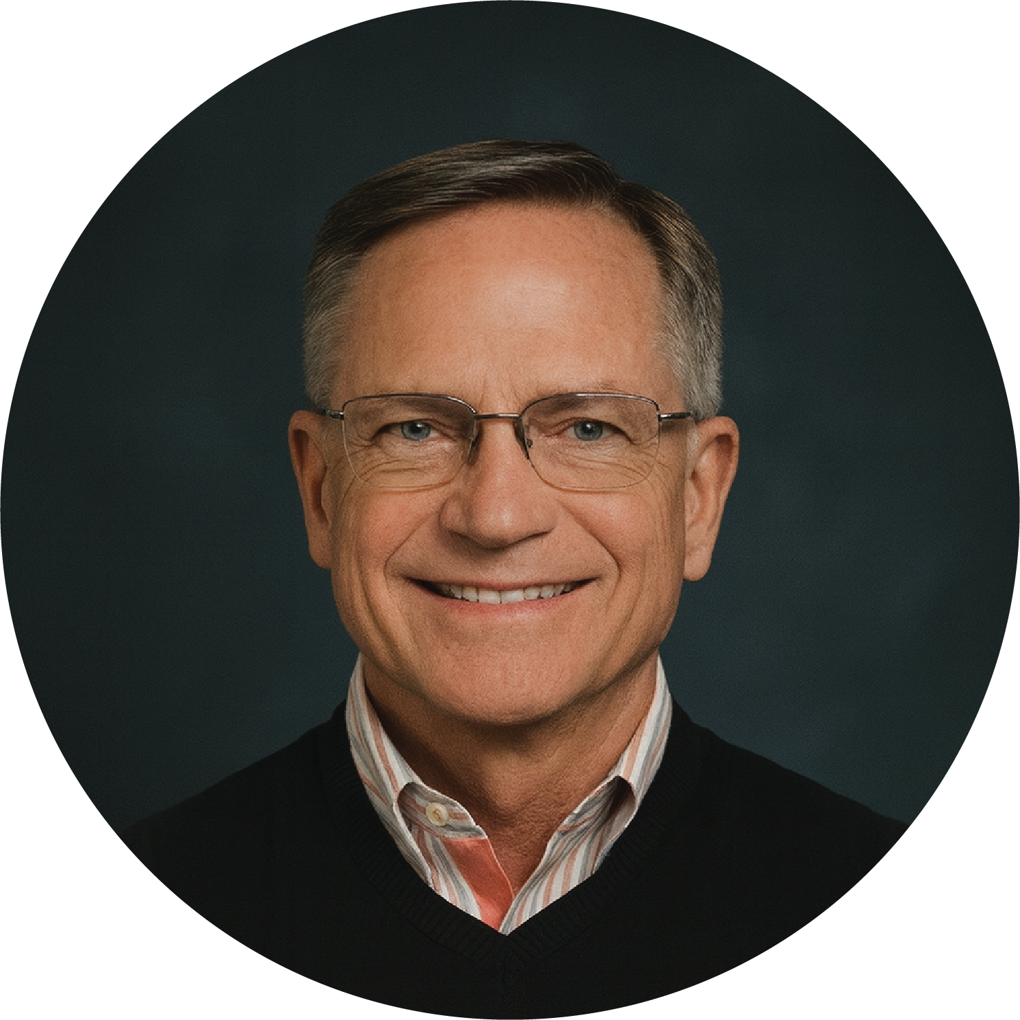 Close-up of a man wearing large green aviation headphones and glasses, sitting inside an aircraft.