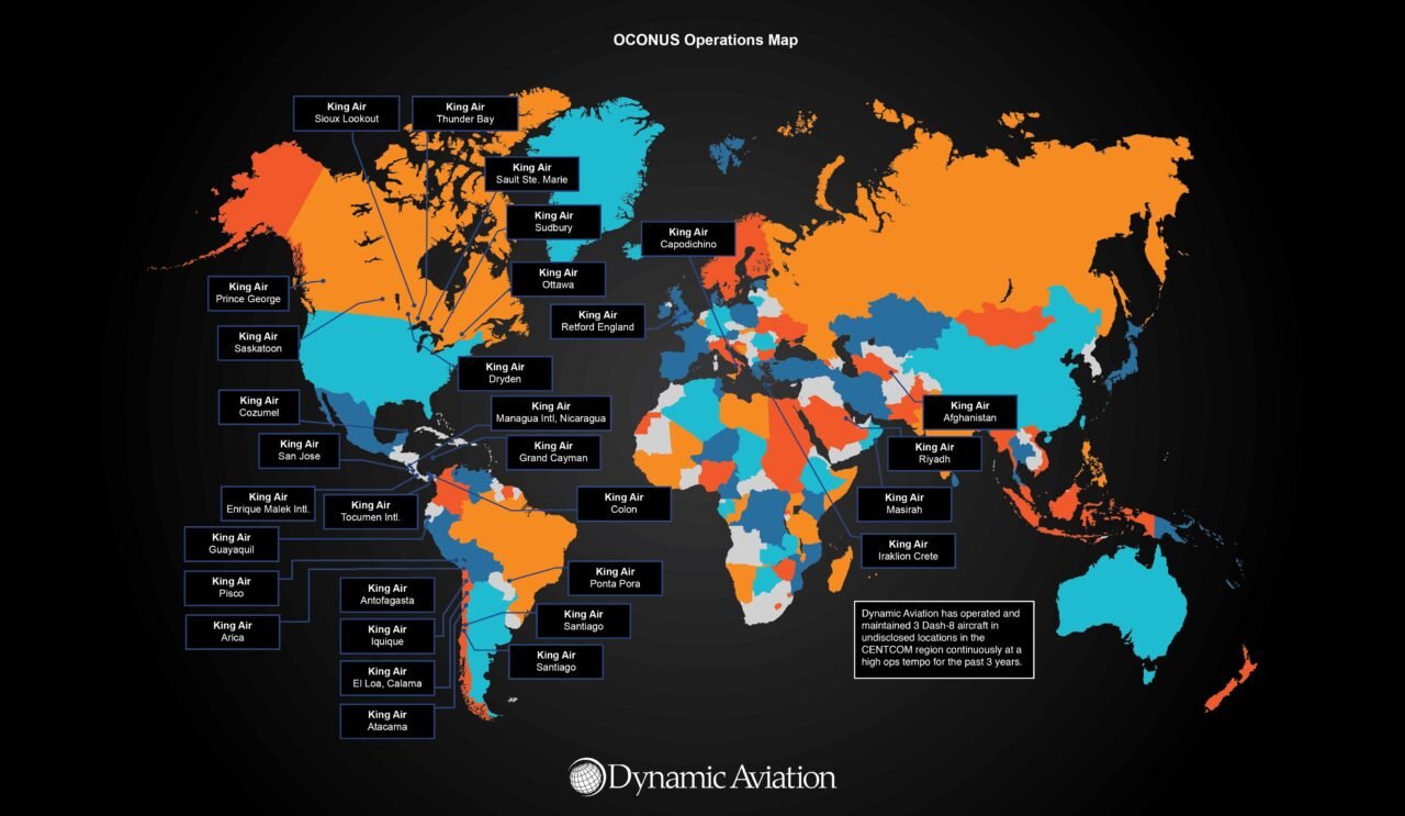 World map highlighting Dynamic Aviation King Air OCONUS operation locations, with airport and region labels