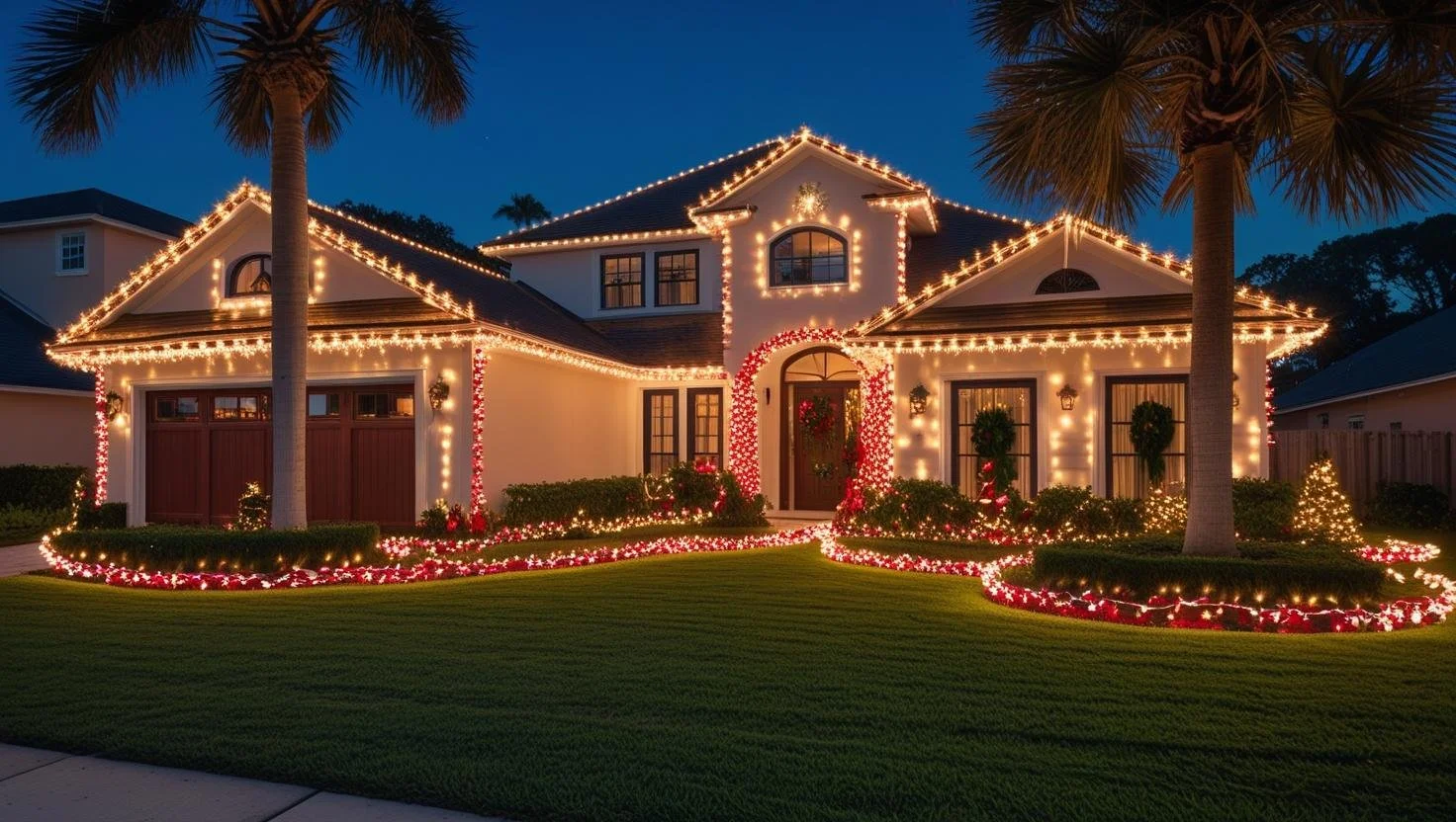 A house decorated with Christmas lights, wreaths, and floral arrangements, illuminated at night