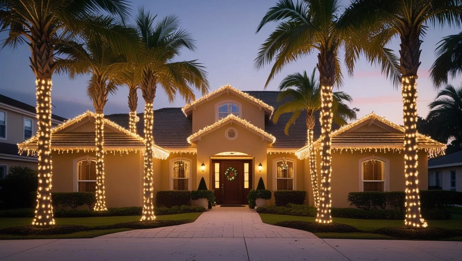 A house decorated with Christmas and Holiday lights, featuring palm trees wrapped in lights, during dusk.