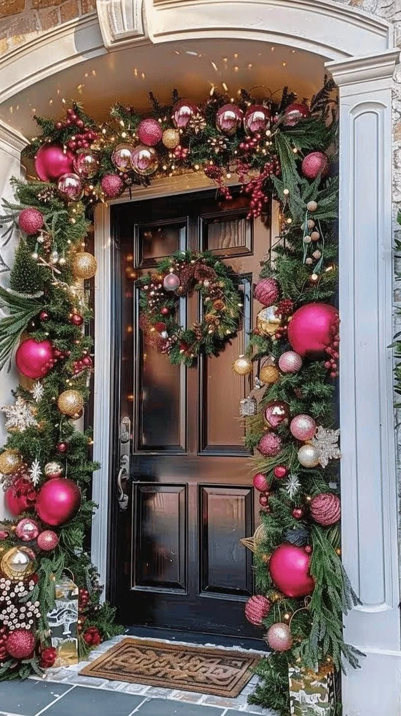 Decorated front door with Christmas wreath and garland in pink, gold, and white ornaments, with string lights and holiday decorations.
