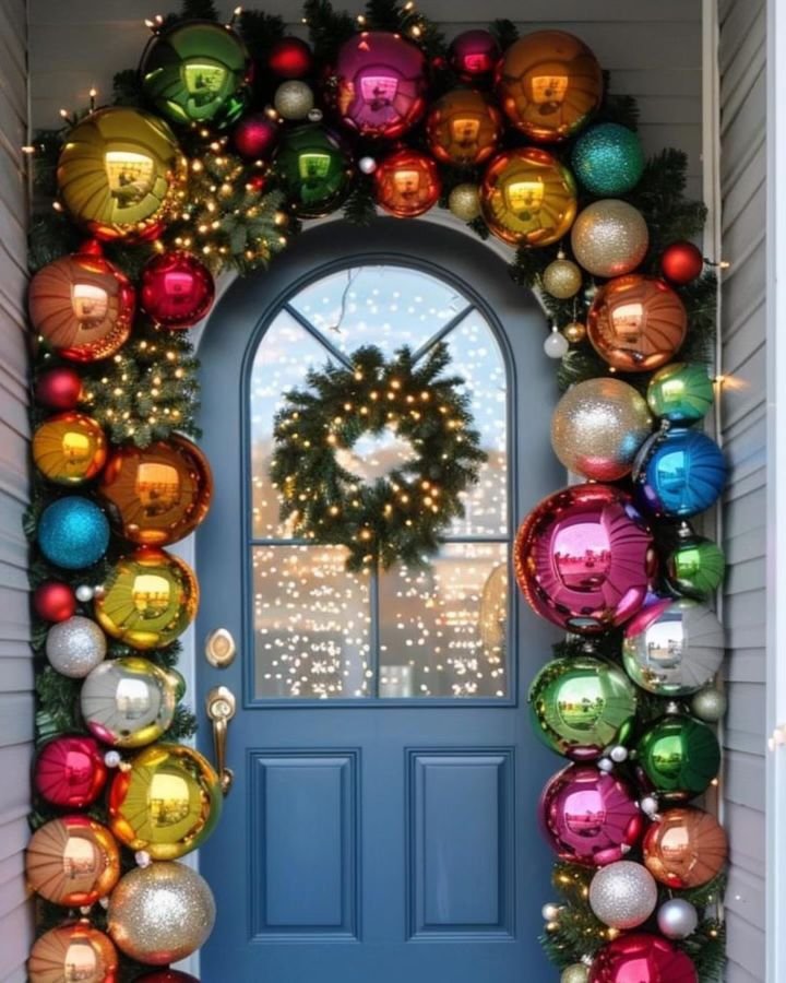 Decorative holiday wreath and colorful ornaments on a house door with a window reflecting lights.