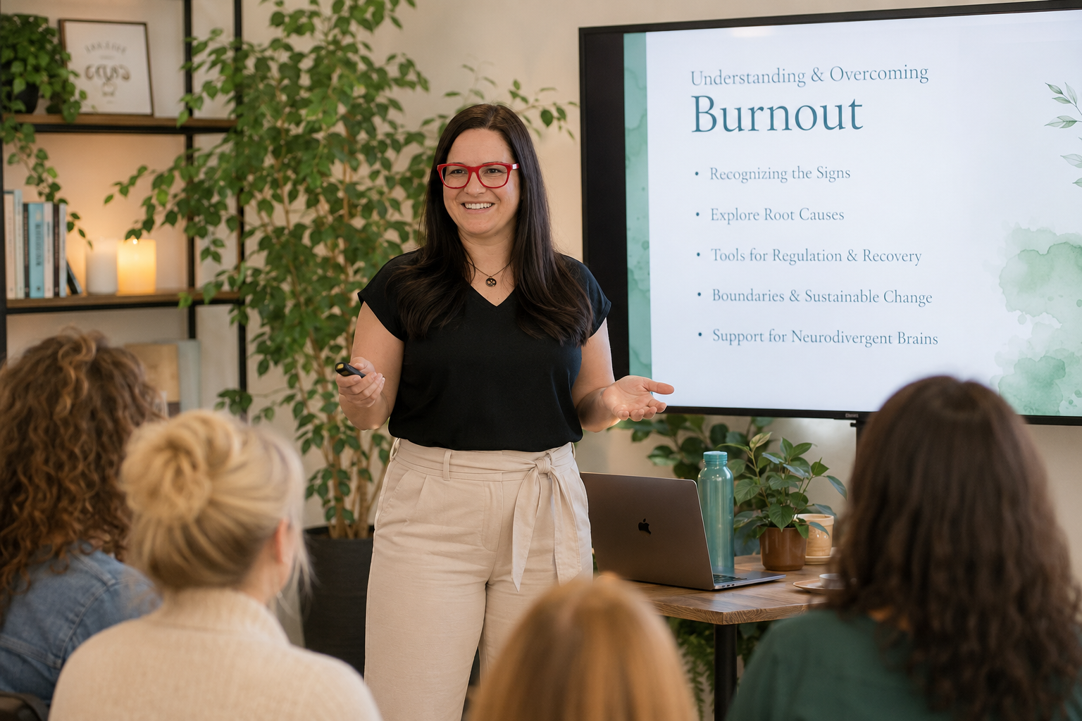 Sarah Philbrick-Djerfi RSW giving a presentation on burnout