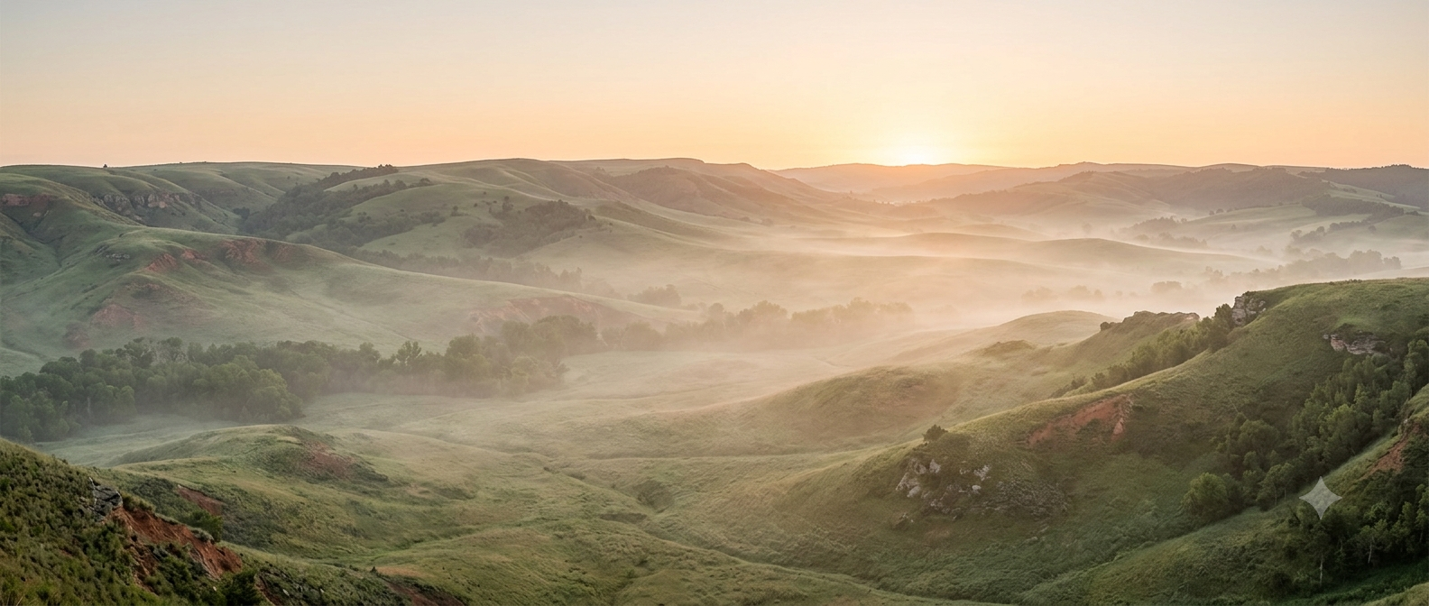 A picture of a sunrise with rolling green hills covered in mist