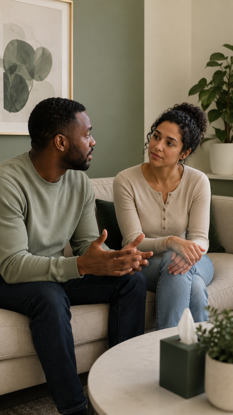A warm and safe office for couples counselling. A BIPOC couple is having a healthy and engaged conversation to support a healthy relationship