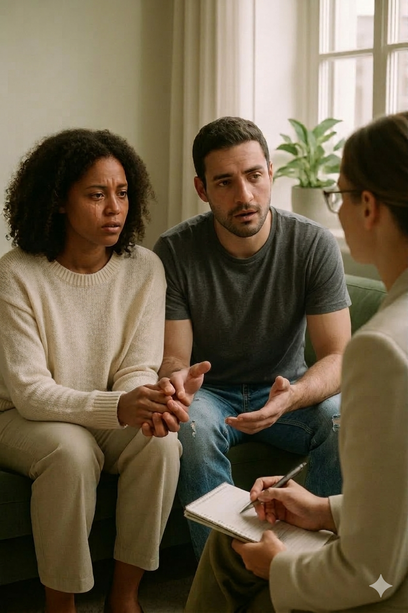 A smiling man and woman sitting on a sofa with a pillow between them, holding hands, in a cozy living room with green walls and a plant in the background.