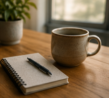 a calming image of a mug and a journal in a office