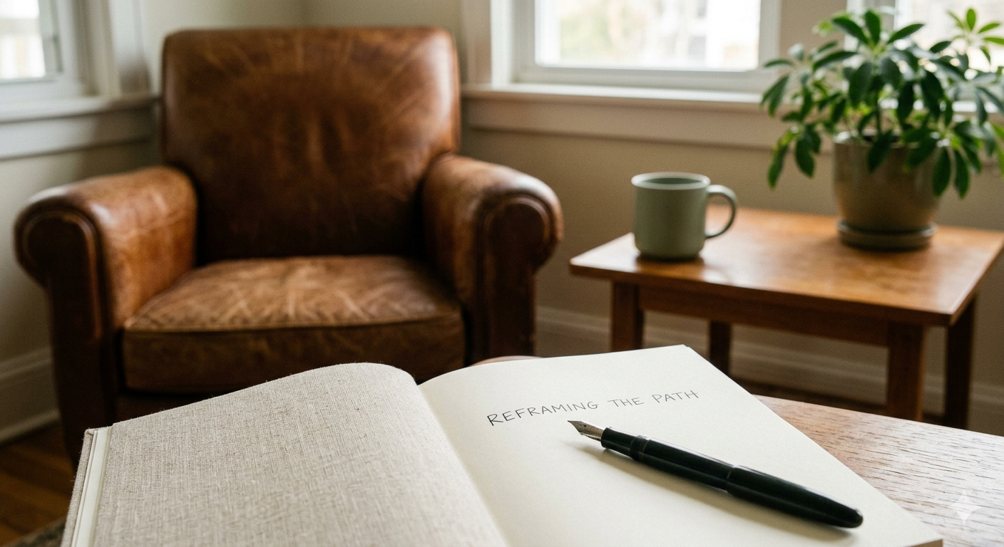 Comfy office with calming colours. Brown leather chair and a notebook with a pen for taking notes. A cup of tea sits cooling on a table