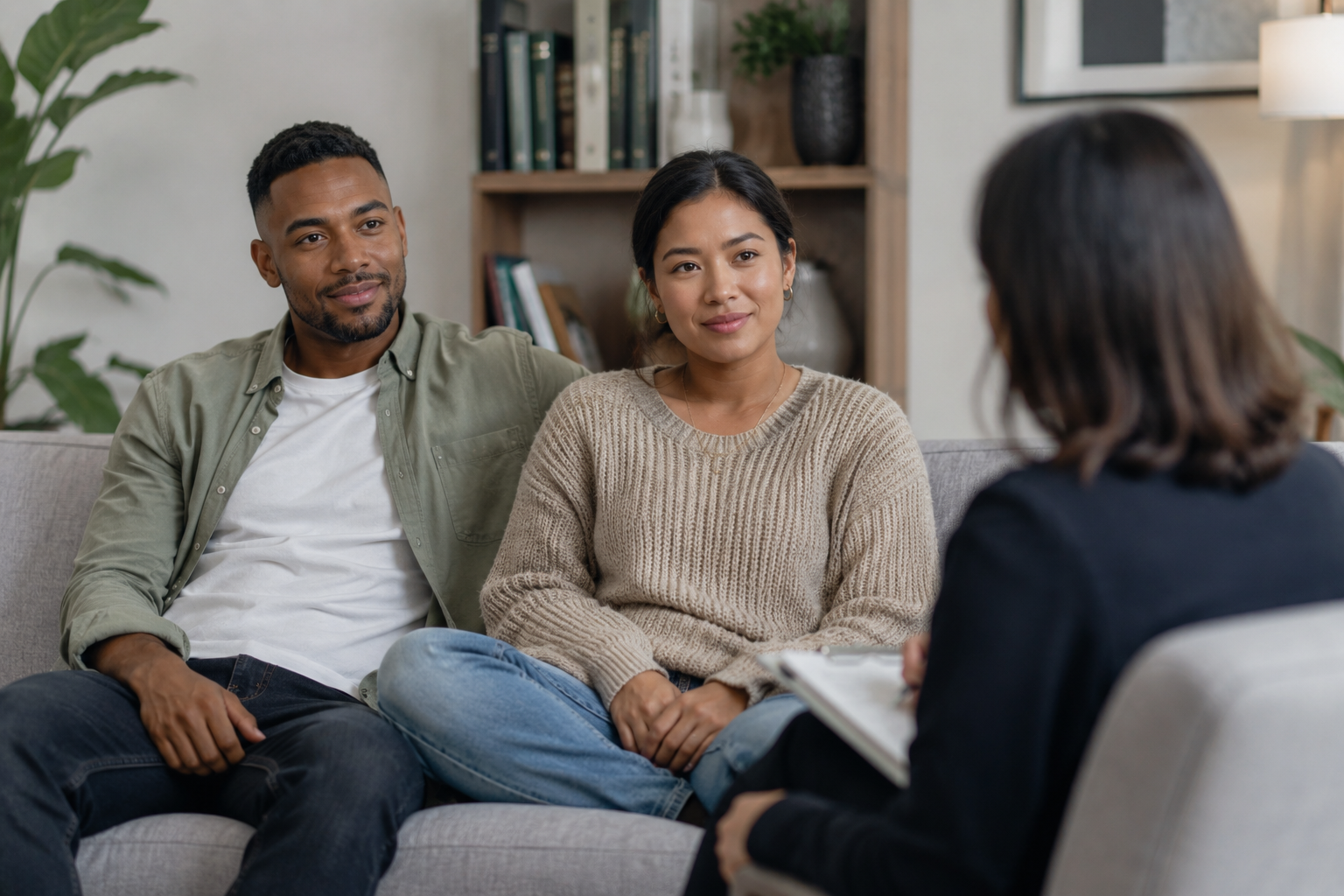 a bi-racial couple in a safe, judgement free space, engaged in building healthy sexuality