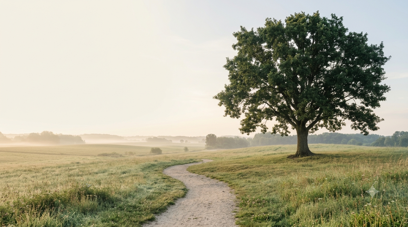 A mature oak tree with a gently winding path through an open meadow, symbolizing resilience, healing, hope, and personal growth for psychotherapy and counselling services in Ontario.