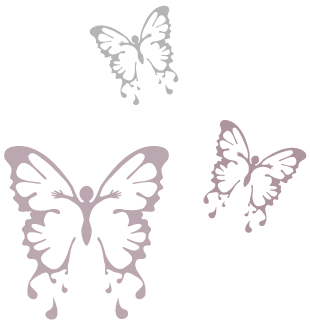 Three stylized butterflies in black and purple on a white background.