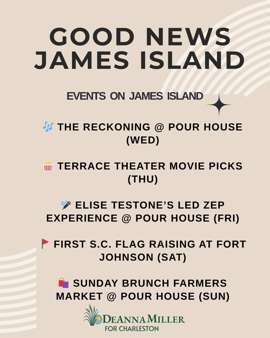 🌴✨ What’s Happening on James Island This Week ✨🌴
Wed 9/10
🎶 The Reckoning (Grateful Dead tribute) @ Charleston Pour House Deck (6:30–9:30 pm)
Thu 9/11
🎥 Movie night at Terrace Theater — JAWS 50th Anniversary + more
Fr