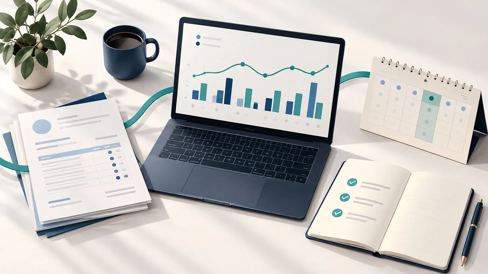 Illustrated cash-flow review with a laptop chart, invoices, calendar and weekly checklist.