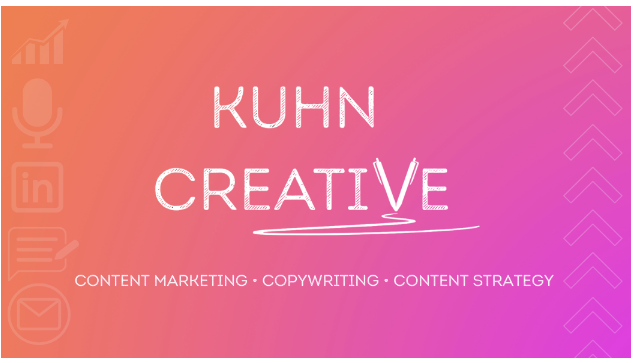Business card with pink and purple gradient background, displaying the name 'KUHN CREATIVE' and services 'Content Marketing, Copywriting, Content Strategy' with social media icons on the left.