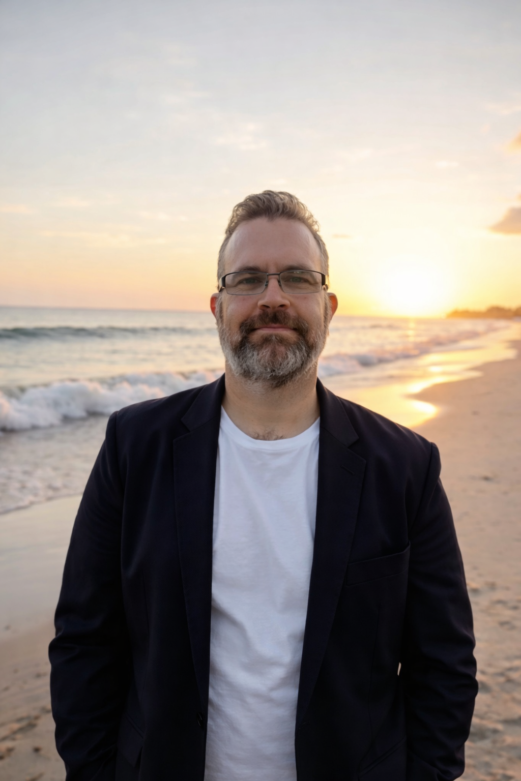 Adam standing on a beach at sunset, wearing glasses and a dark jacket, with ocean waves in the background.