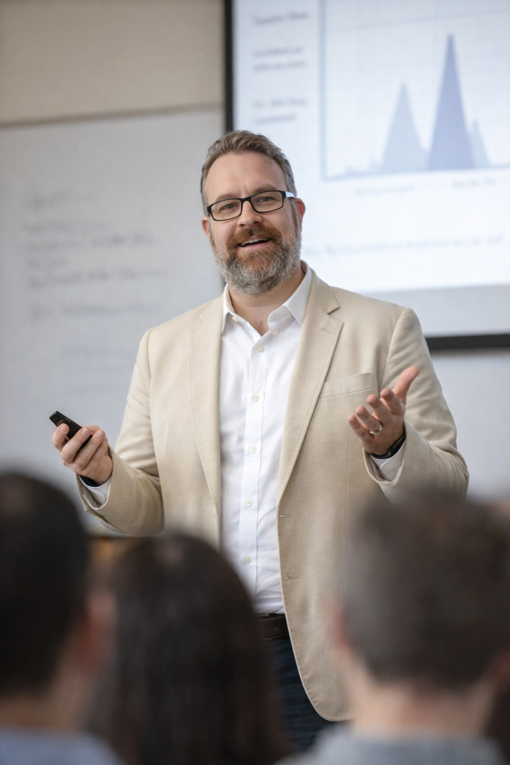 Father’s Food founder leading a live talk on nourishment and everyday life, engaging an audience in a warm, conversational setting.
