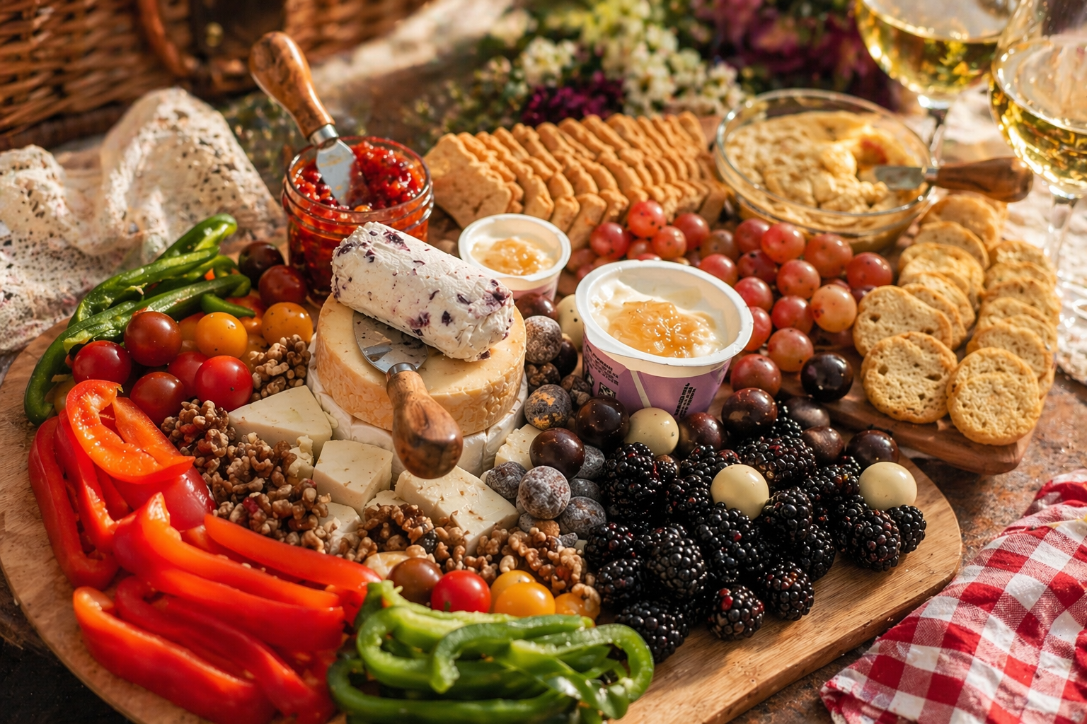 Charcuterie board with cheeses, crackers, fresh berries, olives, peppers, and spreads arranged for a picnic.