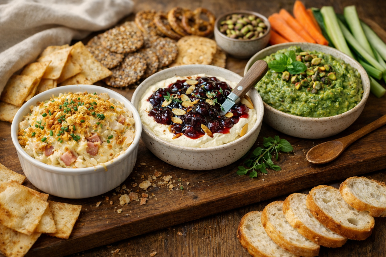 Three appetizer dips—chicken cordon bleu, whipped brie with cherry preserves, and asparagus pistachio pesto—served on a rustic wooden board with crackers and sliced baguette.