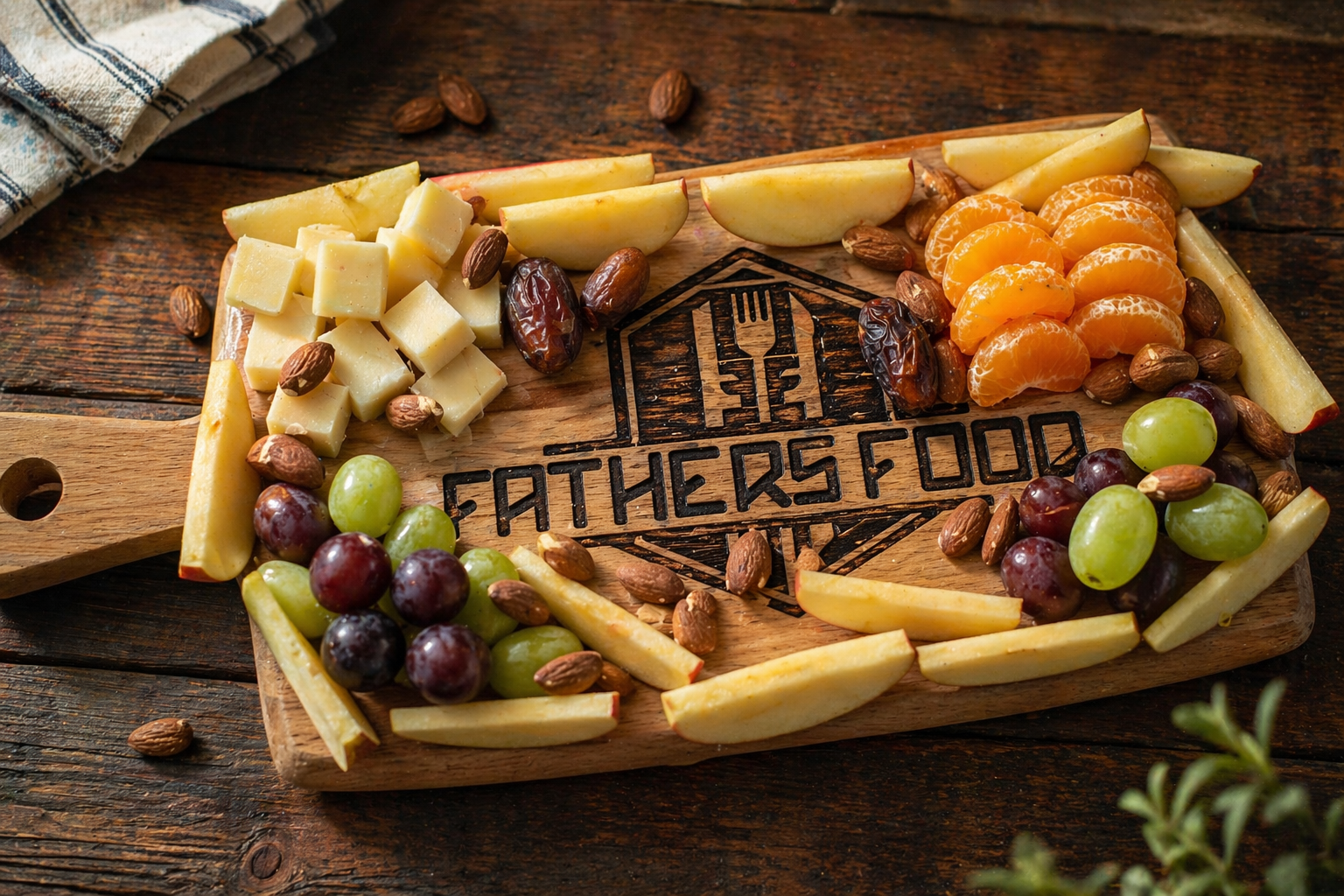 Wooden charcuterie board engraved ‘Fathers Food’ with a simple arrangement of cheese cubes, apple slices, grapes, almonds, dates, and mandarin segments, styled to highlight the logo.