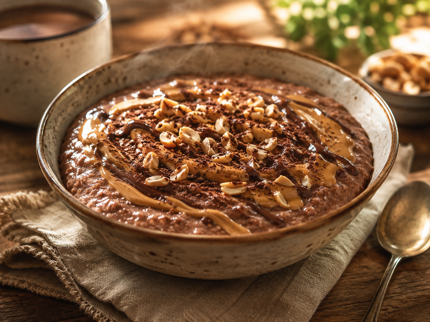 Bowl of chocolate peanut butter cream of wheat topped with peanut butter, cocoa powder, chocolate drizzle, and chopped peanuts.