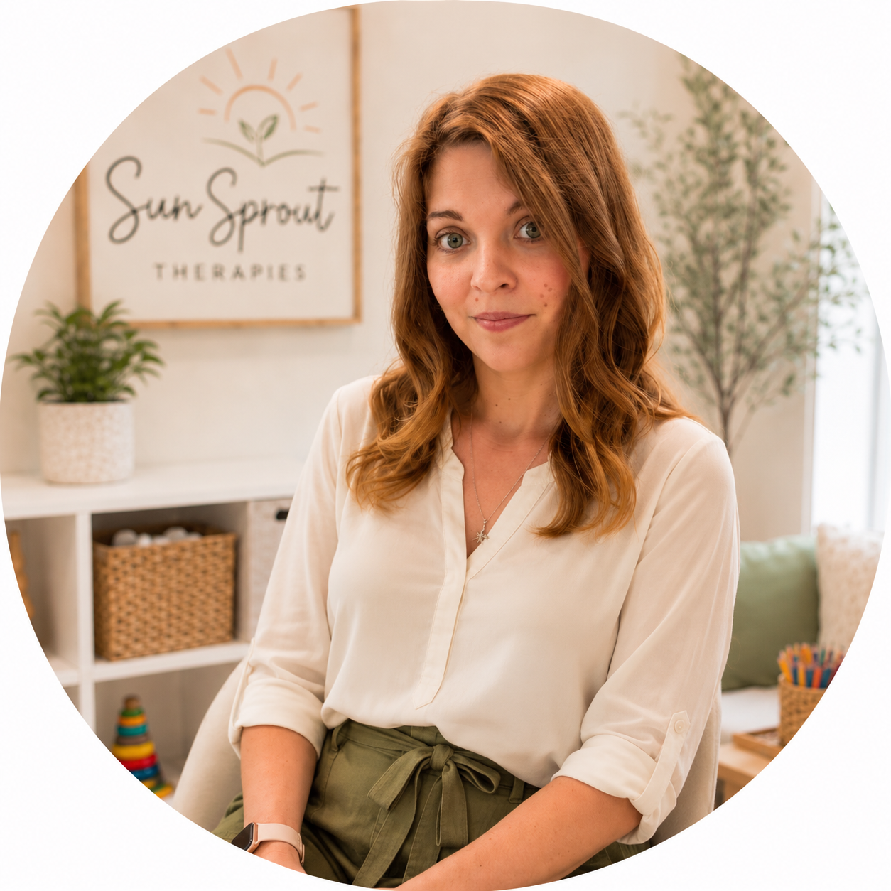 A woman with red hair and a beige blouse sitting in an office or therapy room with plants and a sign that reads 'Sun Sprout Therapies' in the background.