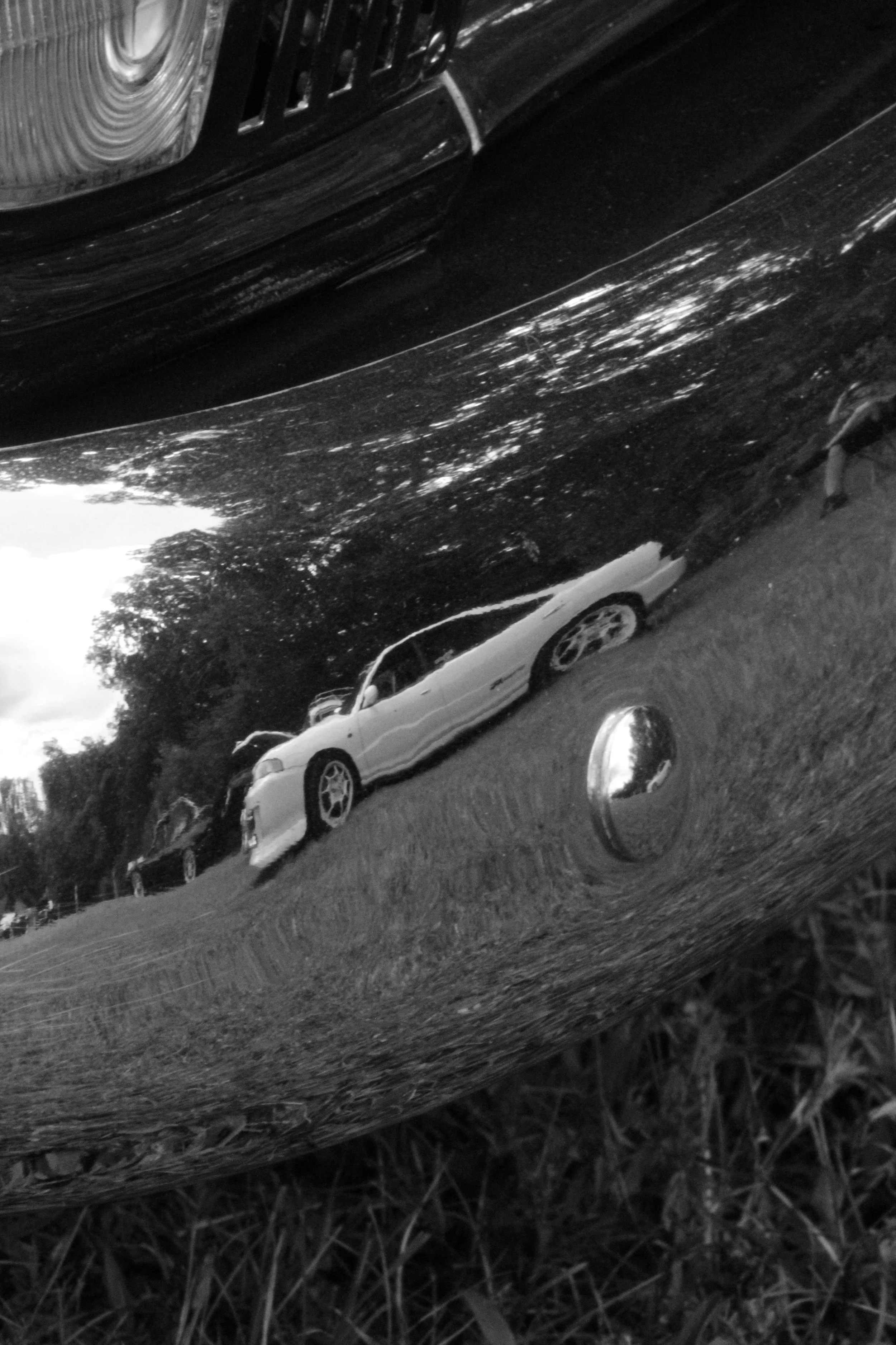 Close-up of a car's side mirror and part of the car parked on grass, with trees and the sky visible in the reflection of the mirror.
