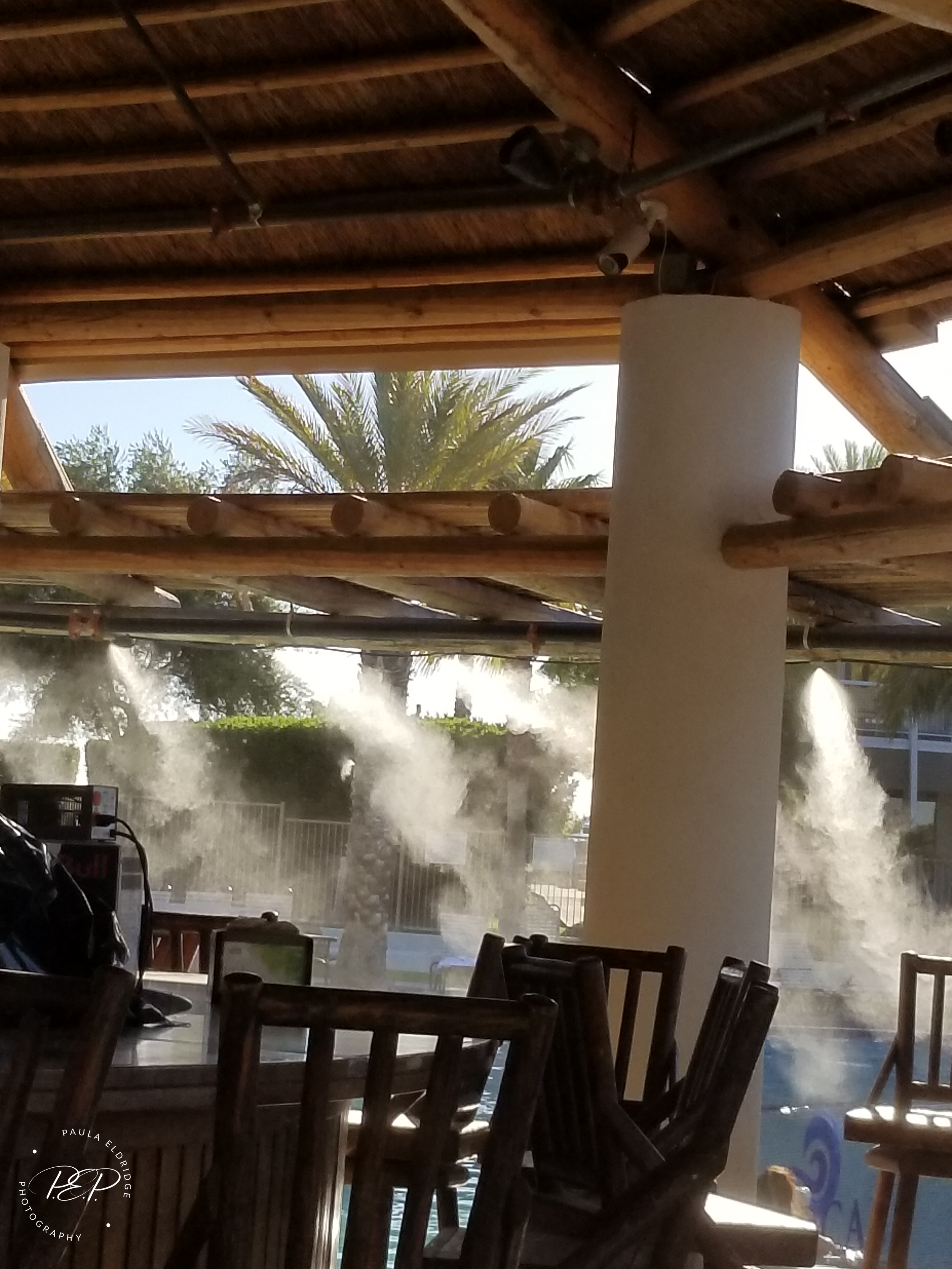 Indoor restaurant with wooden furniture and ceiling, looking out window to a pool area with palm trees, fountains, and glass panels.
