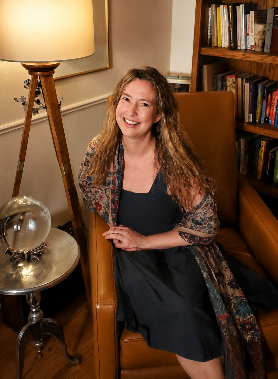 A woman with curly hair sitting on a leather armchair in a cozy room with a wooden bookshelf, a table with a glass sphere, and a tall floor lamp with a wooden tripod base, smiling at the camera.