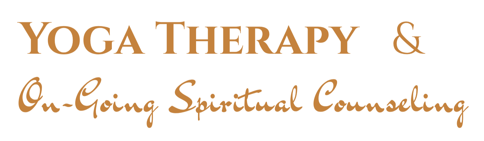 Text image with the words "YOGA THERAPY & On-Going Spiritual Counseling" in brown font on a black background.