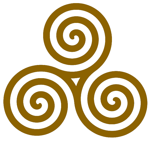 Three brown spirals connected at the center with a small triangle at the connection point.