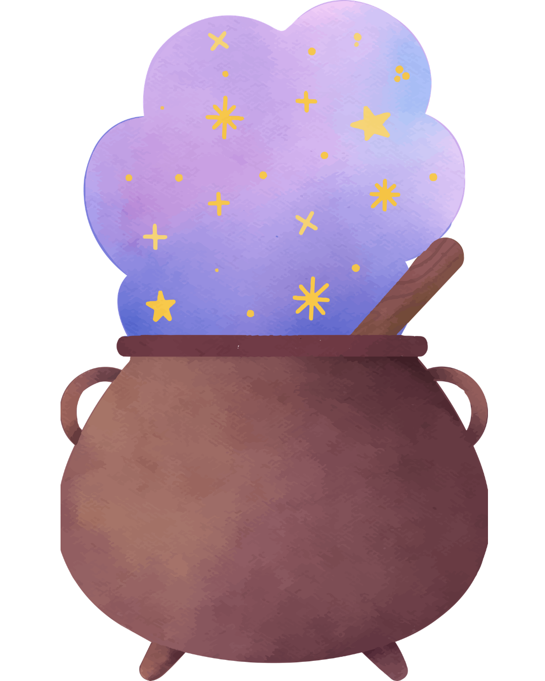 A cartoon illustration of a magic potion cauldron with purple smoke and golden star and spark shapes, with a wooden spoon in the cauldron.