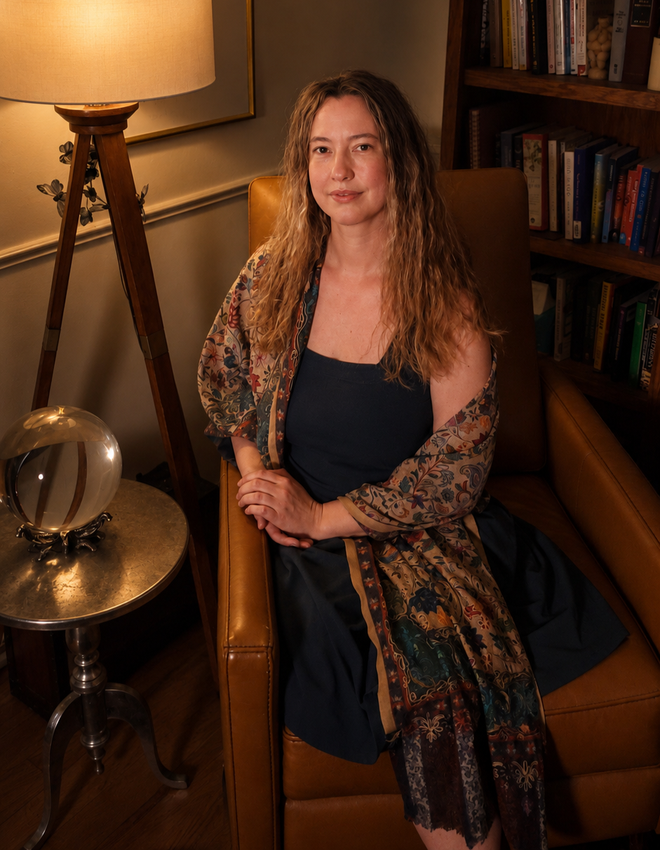 A woman with curly hair sitting on a leather couch in a cozy, well-lit room with a bookshelf and a lamp.