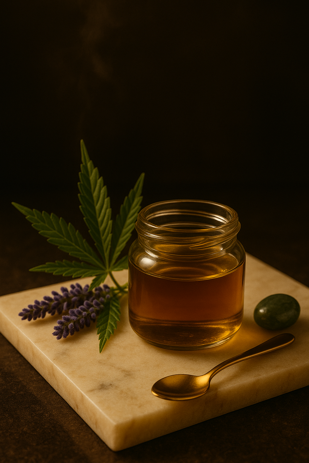 A small glass jar of cannabis oil with a green cannabis leaf, purple lavender sprig, smooth dark green stone, and gold spoon on a marble slab, against a dark background.