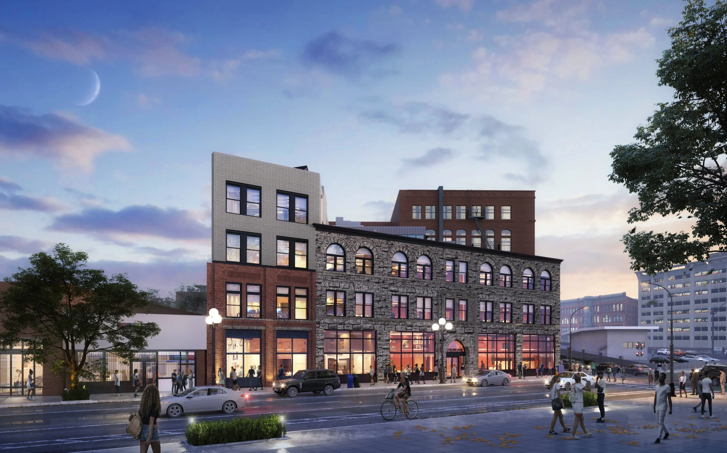 Urban street scene at dusk with modern mixed-use buildings, pedestrians, and cars, and a crescent moon in the sky.