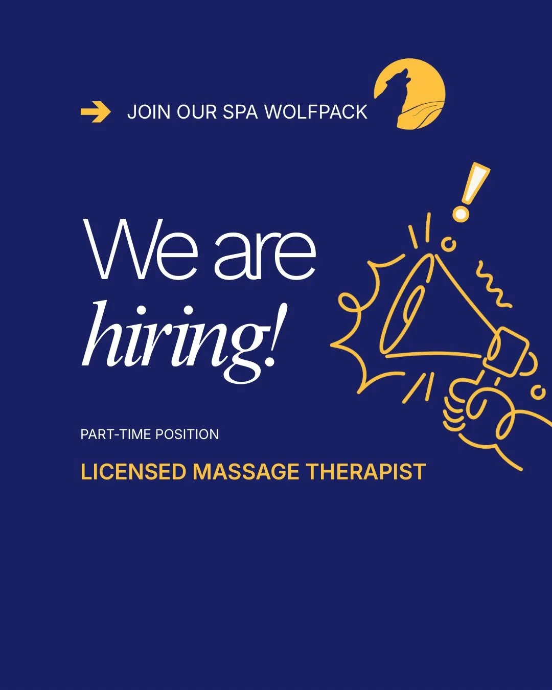 We are growing! We&rsquo;re looking for a talented, intuitive Licensed Massage Therapist to join our Spa Wolfpack.

💥 Added bonus if you have additional training/certifications in manual lymphatic drainage and/or myofascial release.

Email resumes t