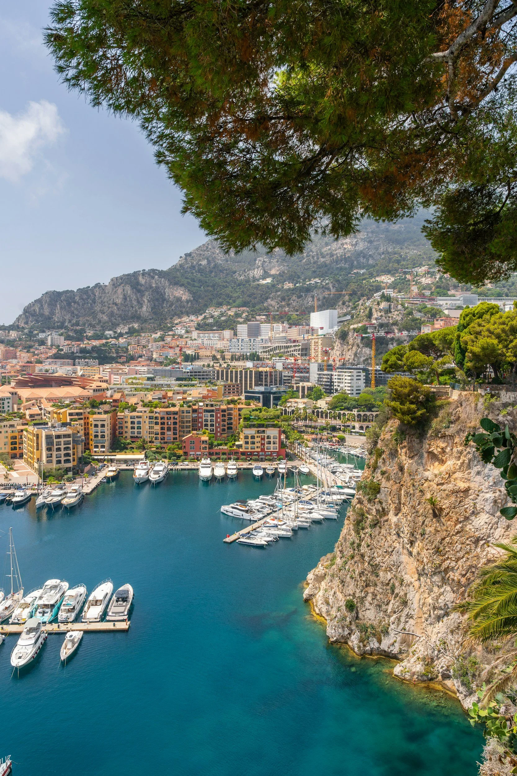 A scenic harbor view with boats docked along the water, colorful buildings, and hillside villages in the background, framed by trees and rocky cliffs.