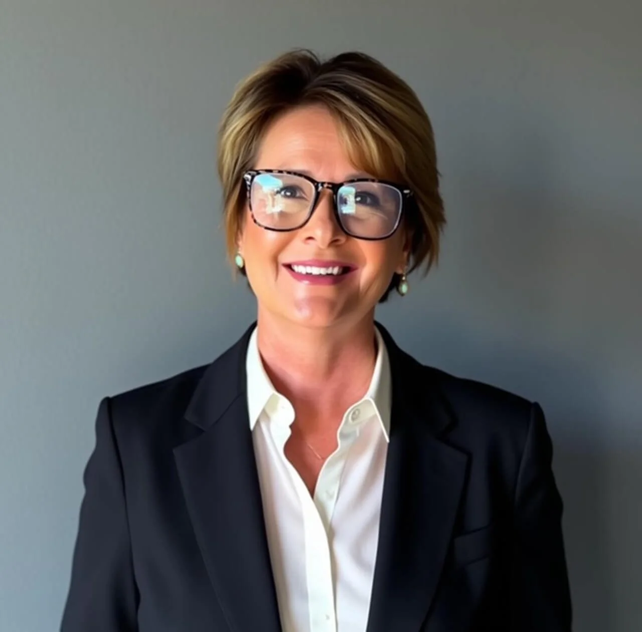 Smiling woman with short blonde hair wearing glasses, a white shirt, and a dark blazer against a gray background.
