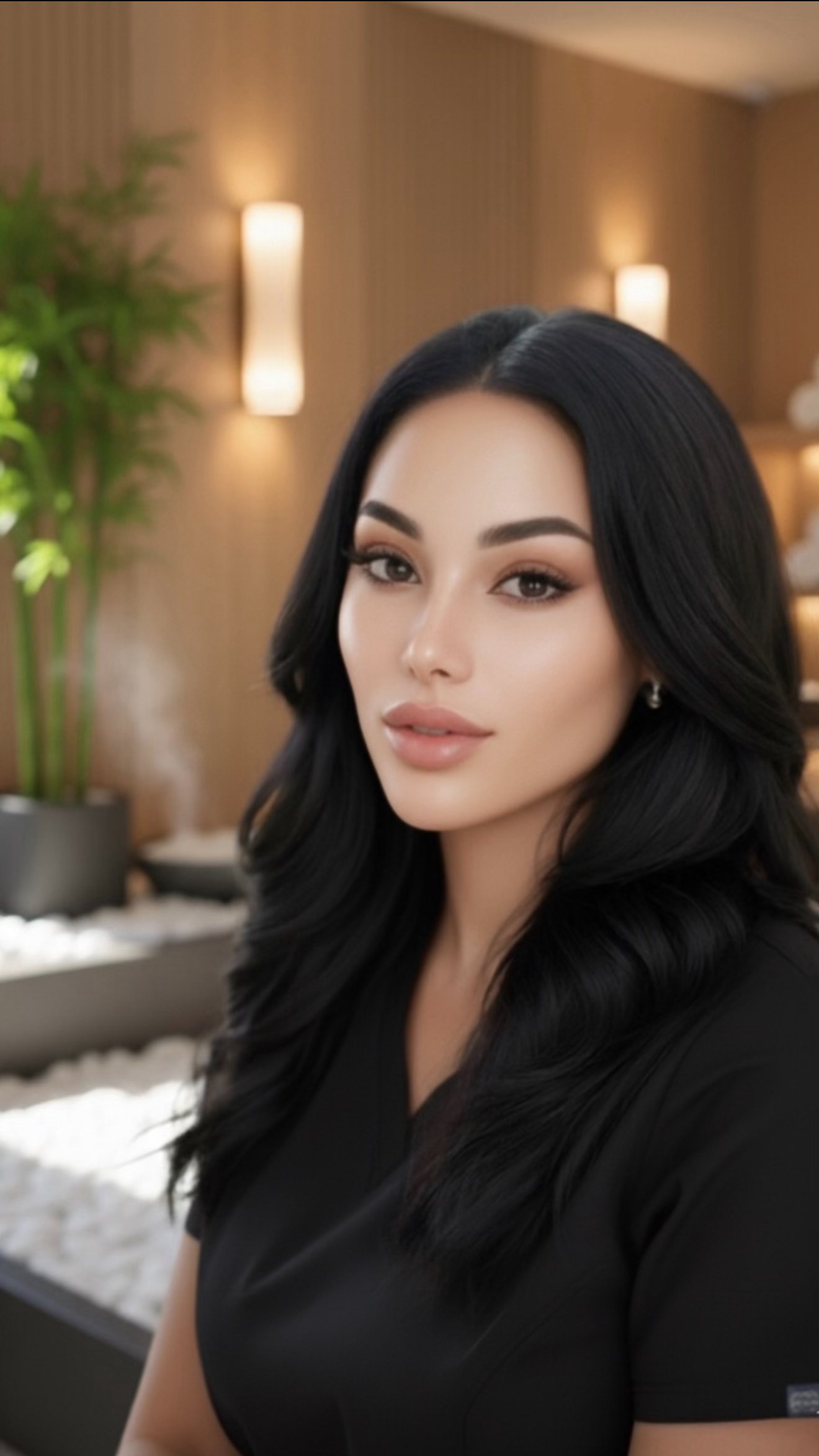 A woman with long black hair, light makeup, and earrings, dressed in black, standing indoors with warm lighting and modern decor.