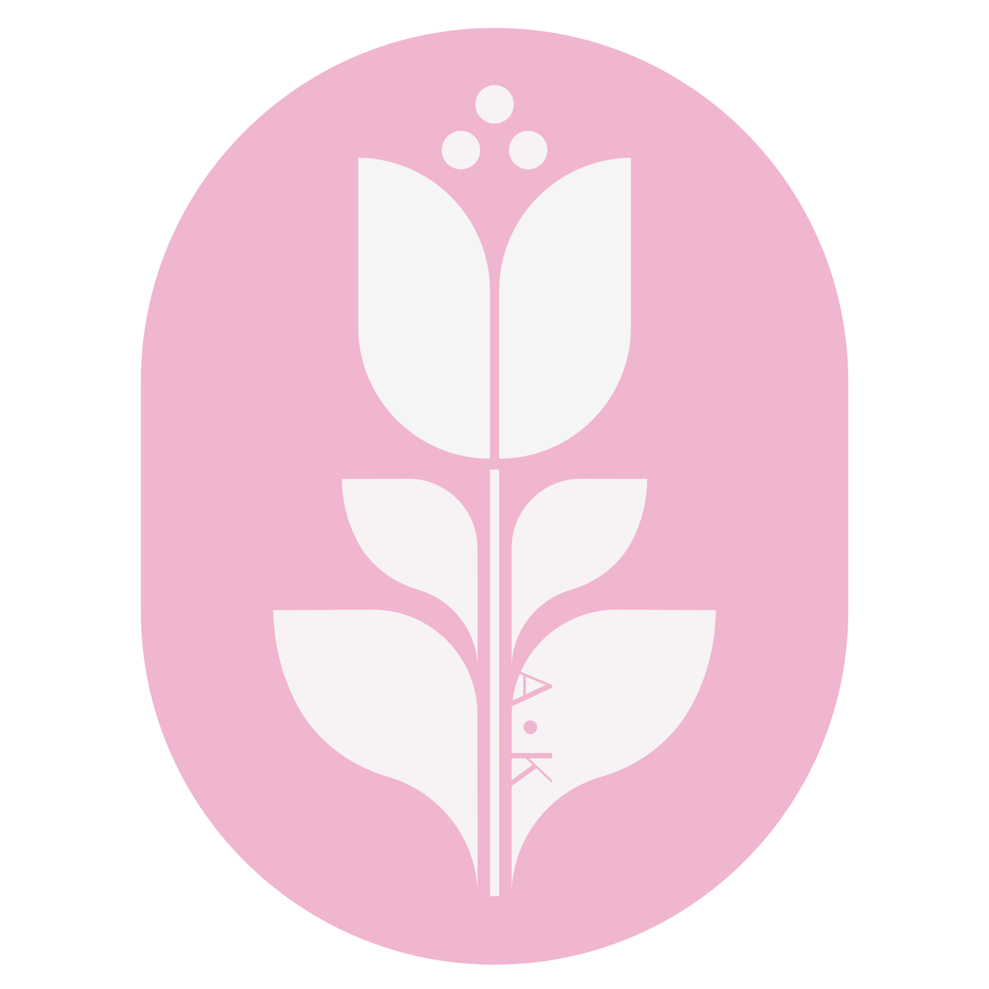 A minimalist logo with a white stylized flower on a pink oval background. The flower has a single top bloom, two small dots above, and three leaves along the stem. The initials 'A.K.' are embedded near the bottom of the stem.