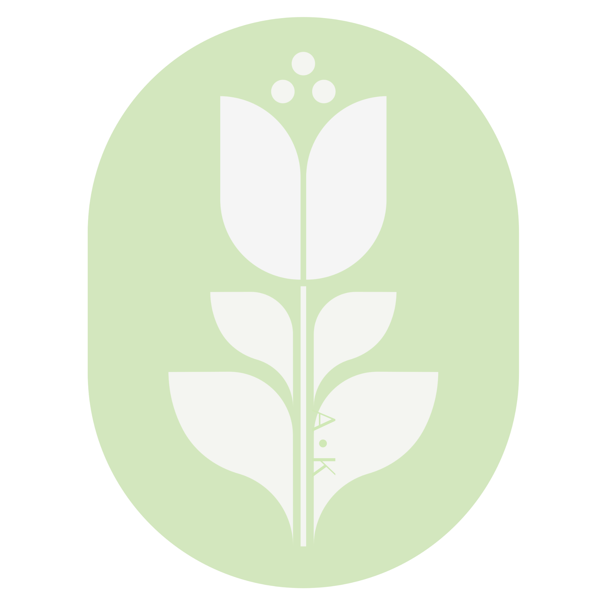 A white stylized flower with three petals and several leaves on a light blue oval background.