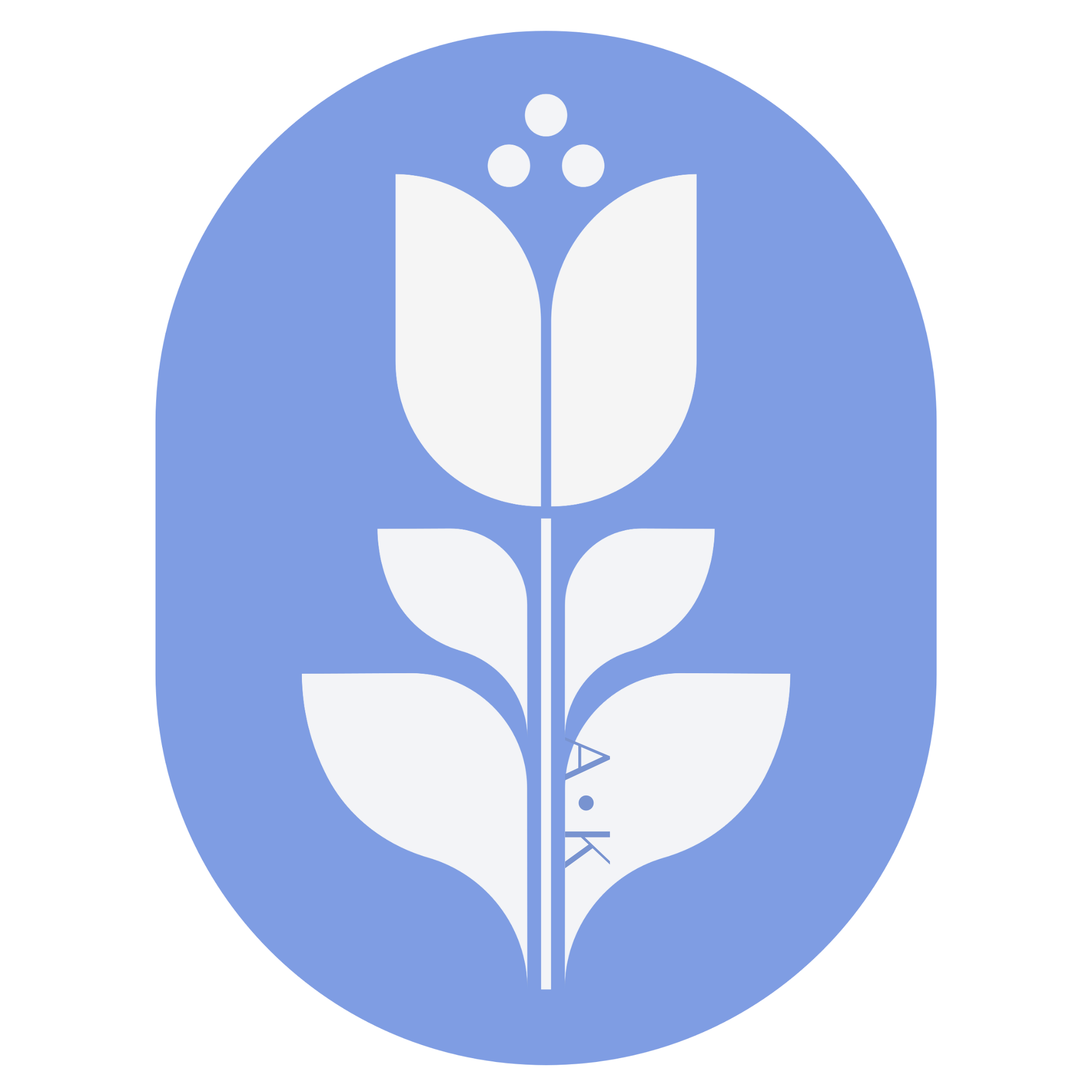 White stylized tulip with small circles above on a blue oval background.